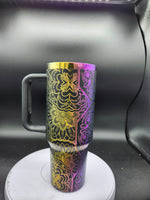 40oz rainbow powder coated stainless steel tumbler with handle and straw
