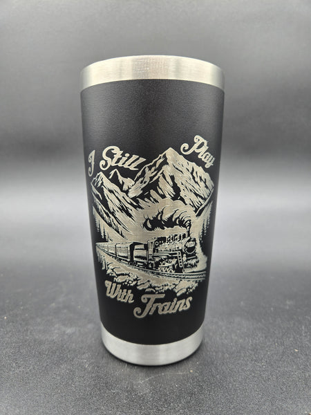 Laser engraved train tumbler